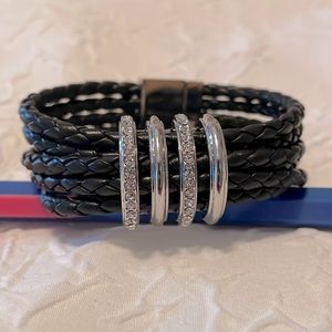 Chicos black 6 strand leather and faux silver and diamond bracelet